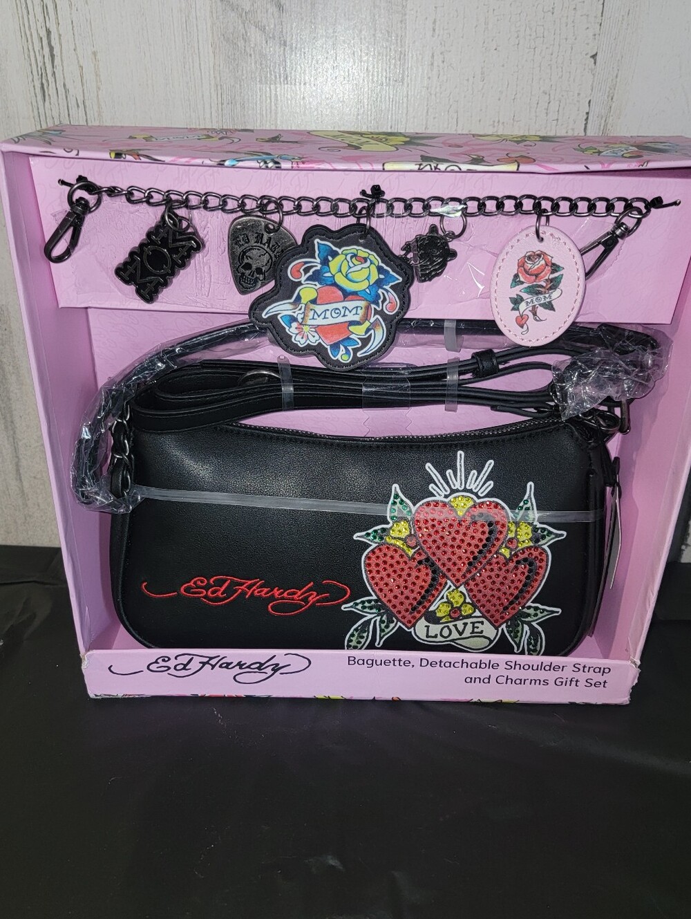 Ed Hardy Black Leather Tag Pendant with Heart Logo NIB
